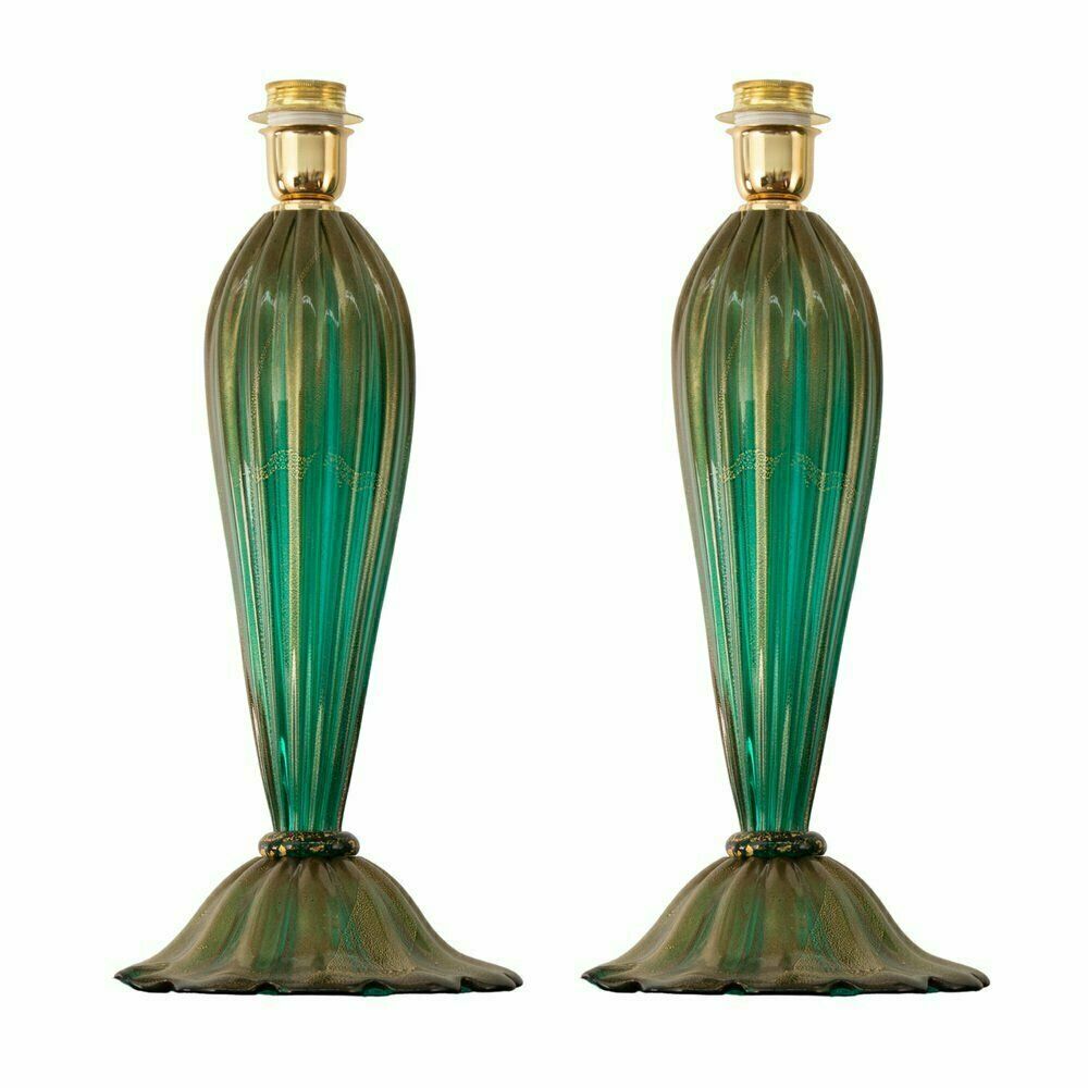 Italian Blown Glass Table Lamps With Gold Leaf Decorations, 1980s, Set Of 2
