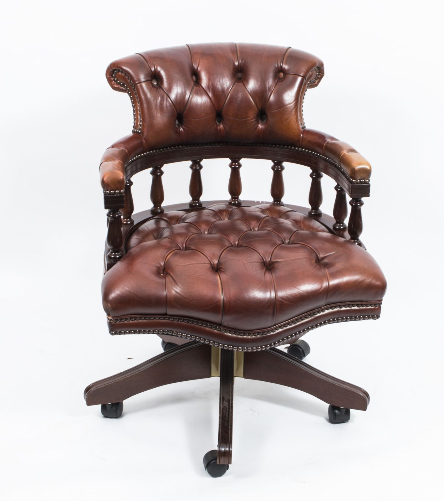 Bespoke English Hand Made Leather Captains Desk Chair Bruciato photo for sale