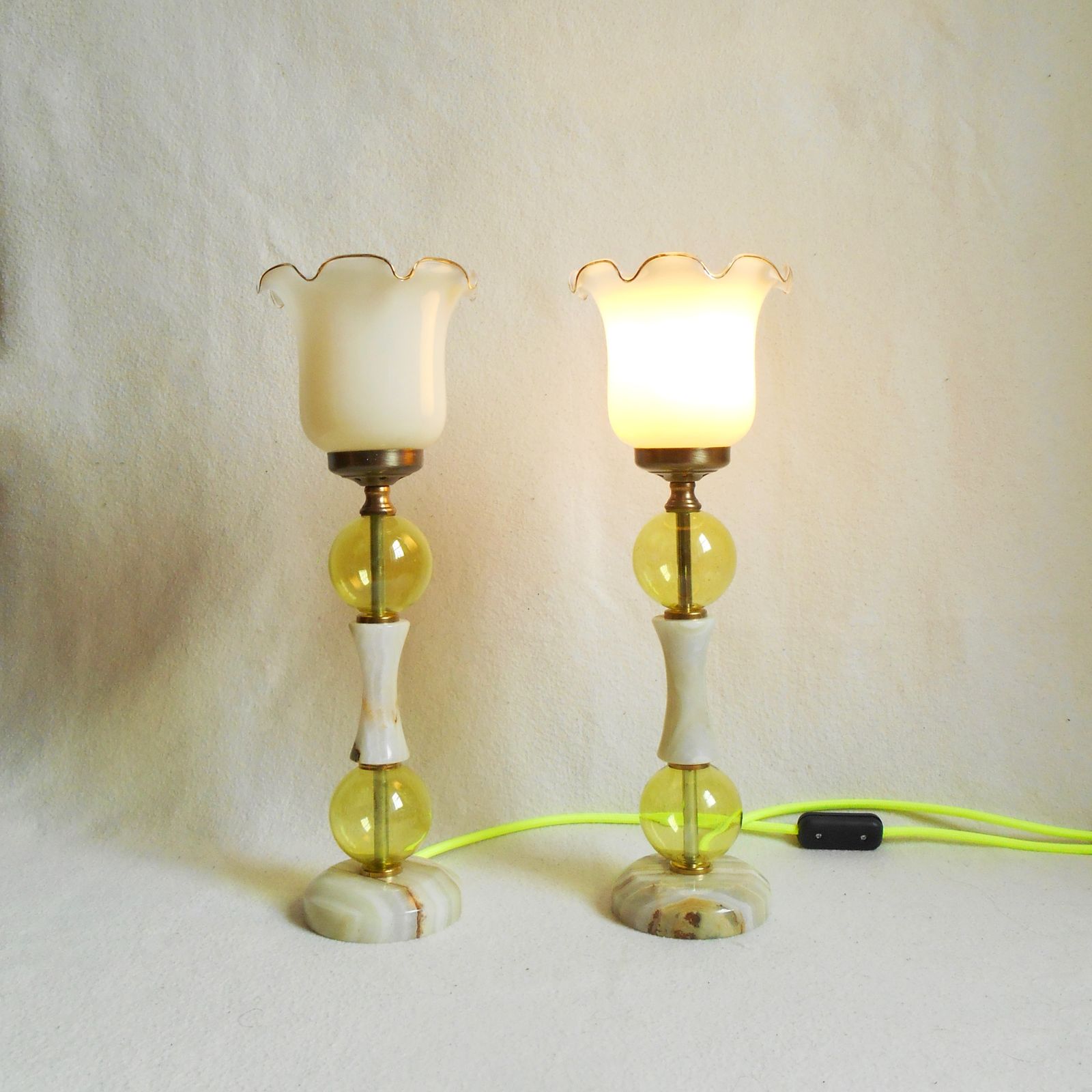 A Pair Of Vintage Marble And Glass Table Lamps With Striking Neon Yellow Flex photo vintage