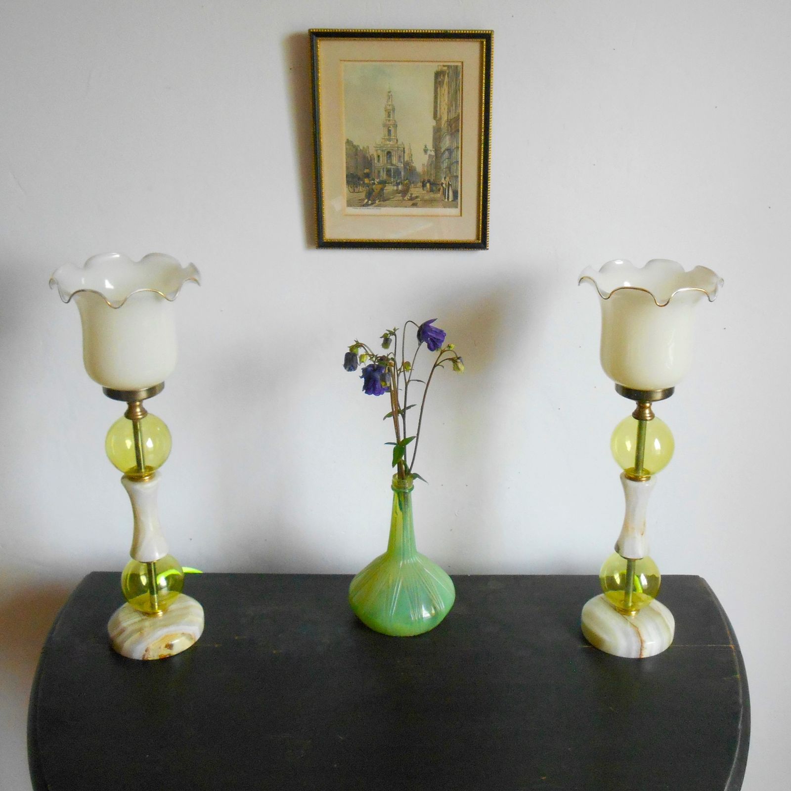 Lighting A Pair Of Vintage Marble And Glass Table Lamps With Striking Neon Yellow Flex photo