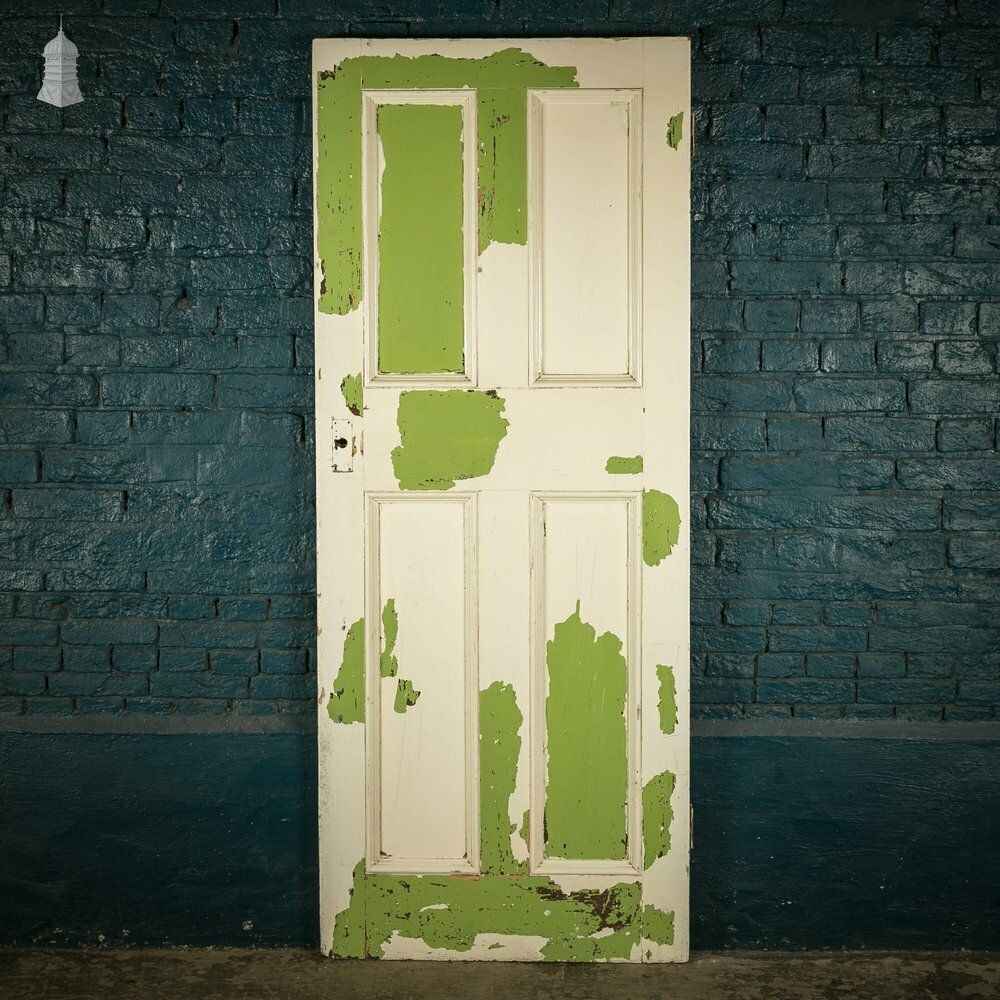 Pine Panelled Door, Moulded 4 Panel, White And Green Distressed Paint Finish