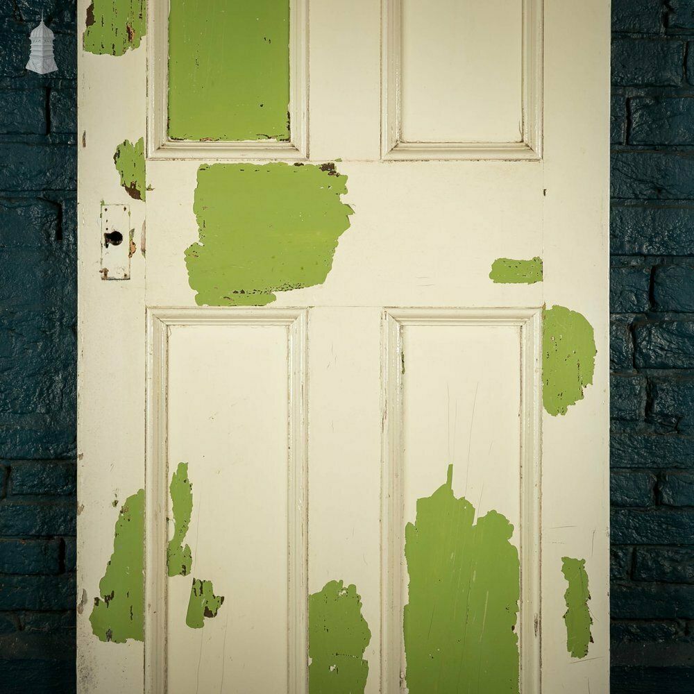 Pine Panelled Door, Moulded 4 Panel, White And Green Distressed Paint Finish photo for sale