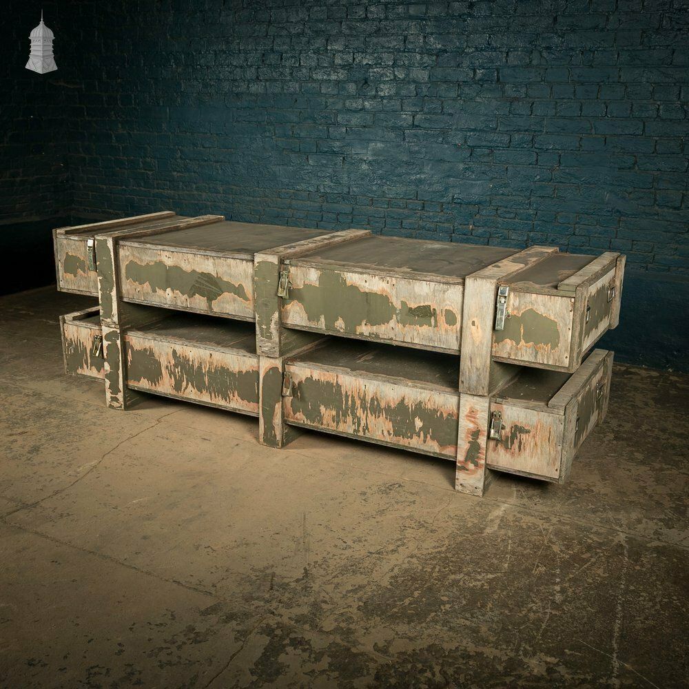 Military Shipping Crates, Pair Of Green Painted Wooden Aircraft Part Shipping Boxes Reclaimed From A Norfolk Raf Base photo furniture