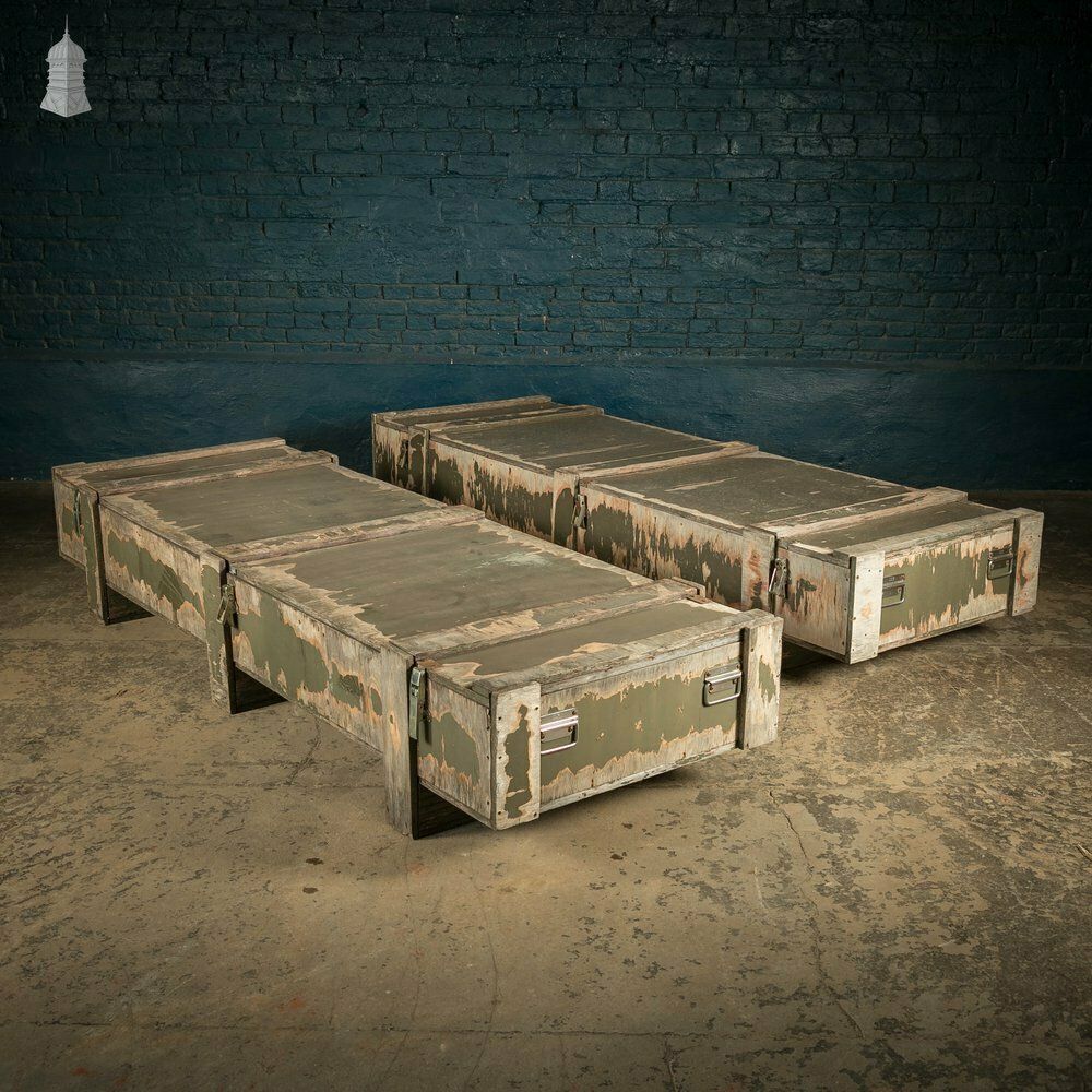 Military Shipping Crates, Pair Of Green Painted Wooden Aircraft Part Shipping Boxes Reclaimed From A Norfolk Raf Base photo for sale