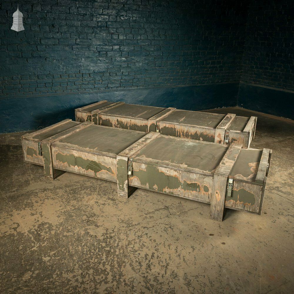 Military Shipping Crates, Pair Of Green Painted Wooden Aircraft Part Shipping Boxes Reclaimed From A Norfolk Raf Base photo Home Decor