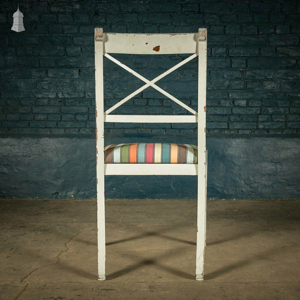 Mahogany Dining Chairs, Set Of 7 20th C Cross Back Chairs With Reeded Legs, Later Reupholstery And Distressed Paint Finish photo vintage