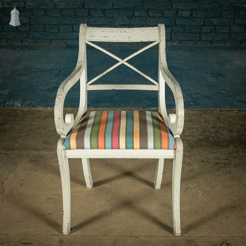 photo furniture Mahogany Dining Chairs, Set Of 7 20th C Cross Back Chairs With Reeded Legs, Later Reupholstery And Distressed Paint Finish