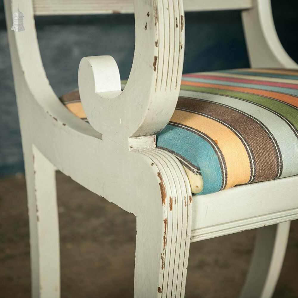 Furniture Mahogany Dining Chairs, Set Of 7 20th C Cross Back Chairs With Reeded Legs, Later Reupholstery And Distressed Paint Finish photo