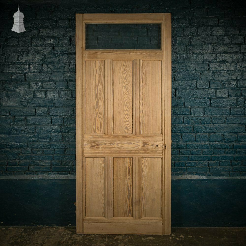 photo for sale Glazed Pine Door, 7 Panel Pitch Pine, Top Panel Glazed With Wired Glass