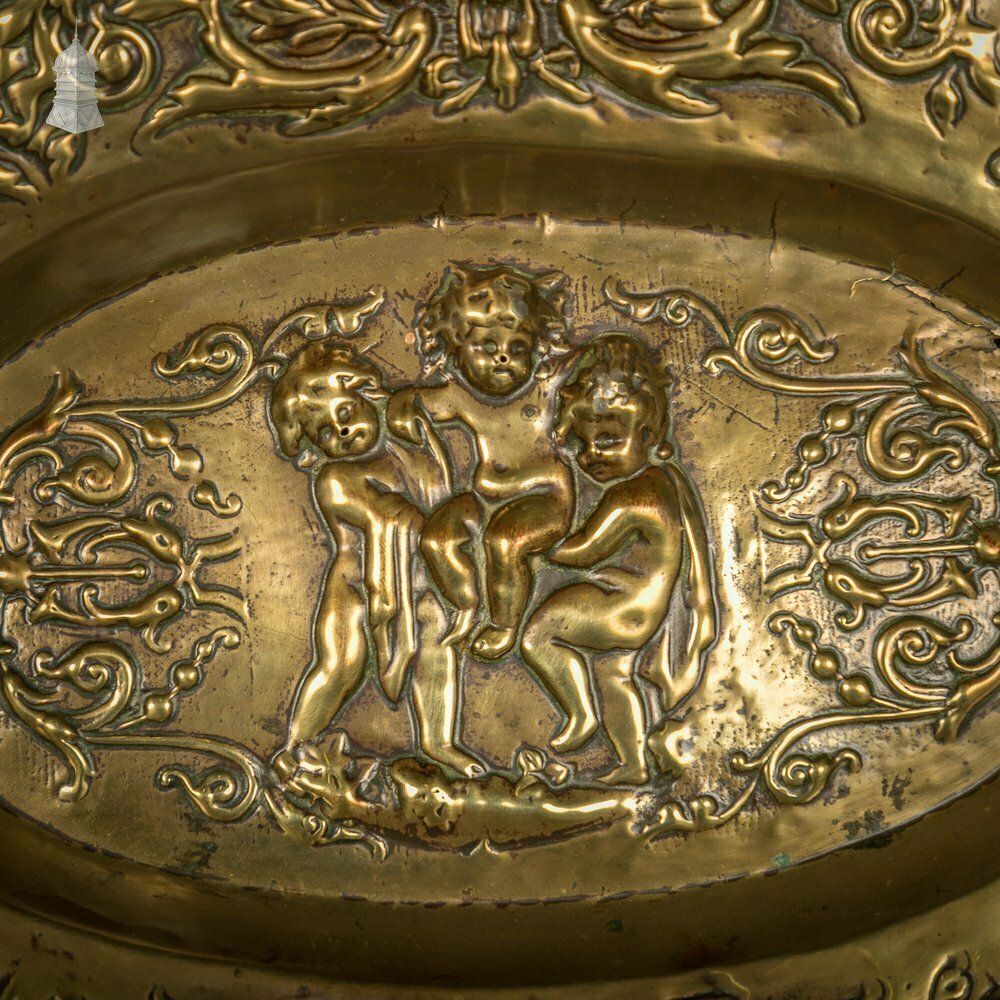 Brass Charger Plate, 18th C French, Oval With Embossed Detail Depicting Cherubs photo furniture