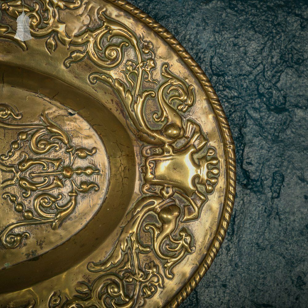 Brass Charger Plate, 18th C French, Oval With Embossed Detail Depicting Cherubs photo for sale