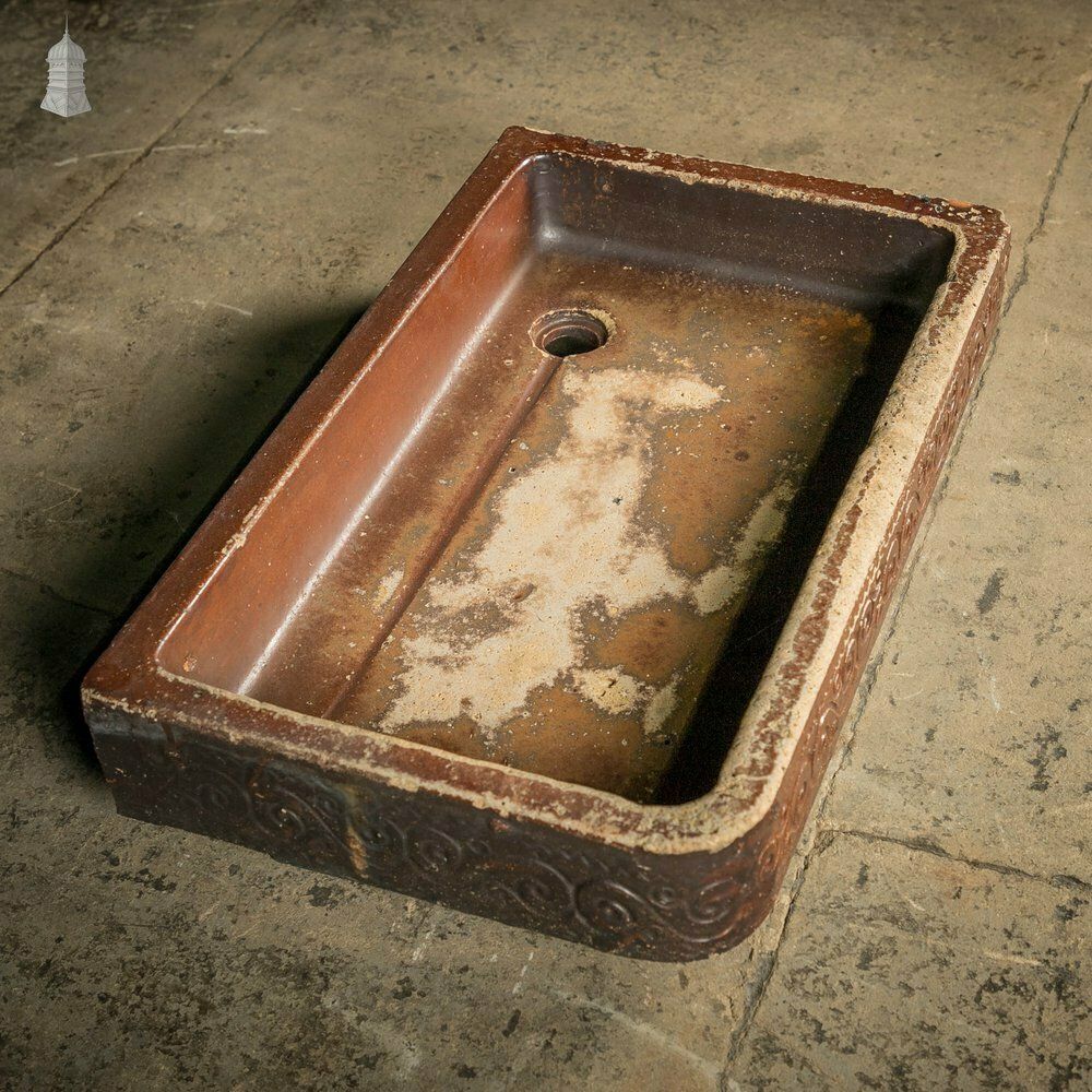 Shallow Trough Sink, 19th C Salt Glazed, Left Hand Return With Decorative Floral Design photo for sale