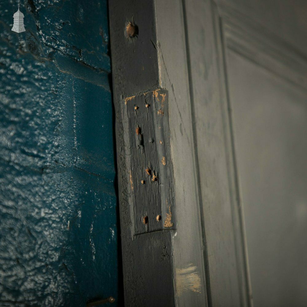 photo vintage Pine Door With Window, Victorian With Moldings And Grey Painted Finish