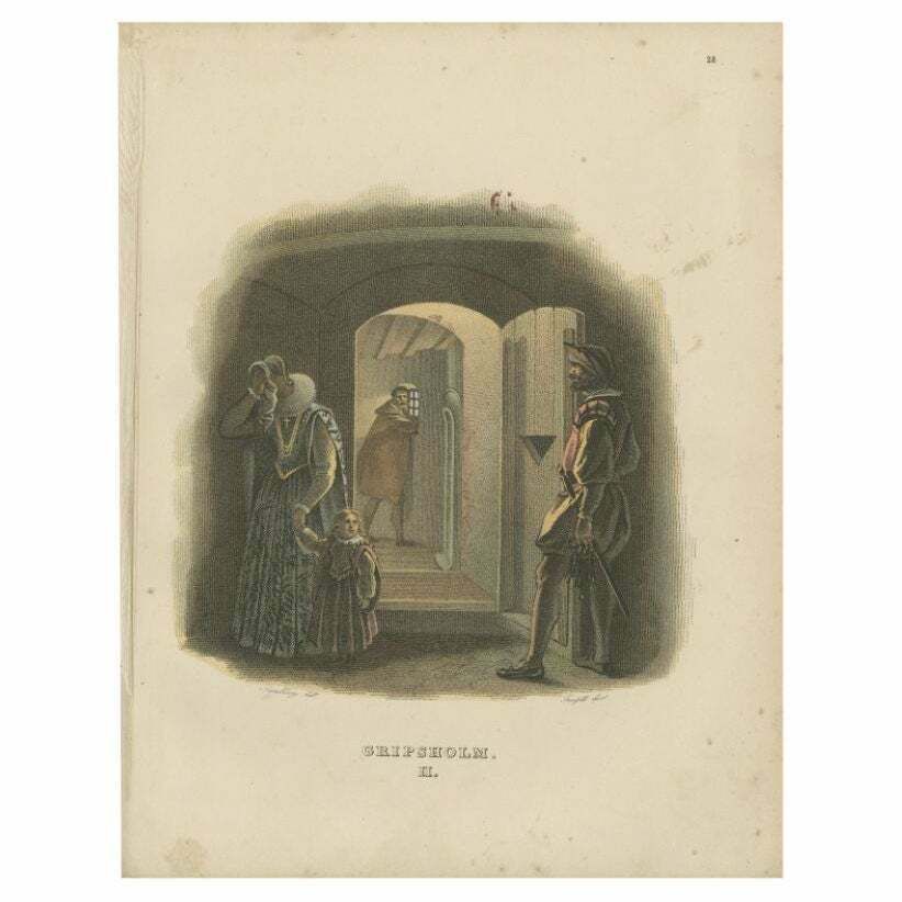 Antique Print Of The Interior Of Gripsholm Castle By Sandberg, C.1864