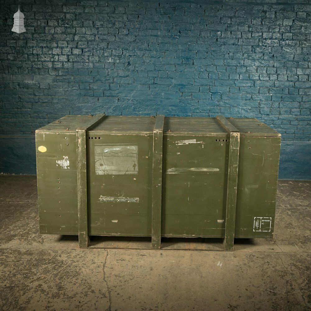 Military Shipping Crates, Pair Of Green Painted Wooden Aircraft Part Shipping Boxes Reclaimed From A Norfolk Raf Base photo for sale