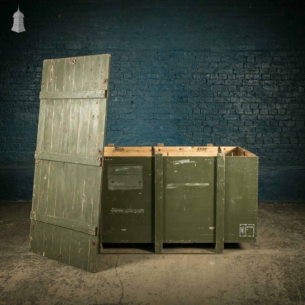 Military Shipping Crates, Pair Of Green Painted Wooden Aircraft Part Shipping Boxes Reclaimed From A Norfolk Raf Base photo vinterior