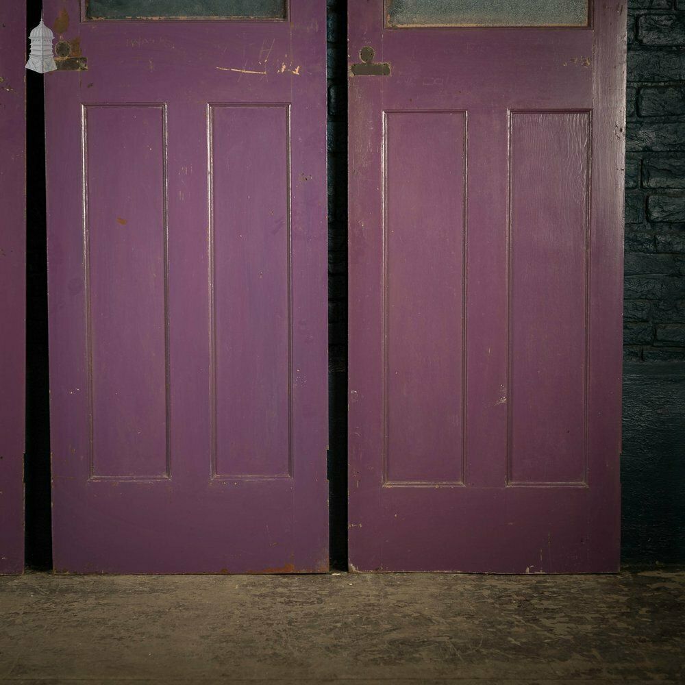 photo for sale Half Glazed Doors Batch Of 4 Purple Painted Doors Fitted With  Cathedral Style  Textured Glass