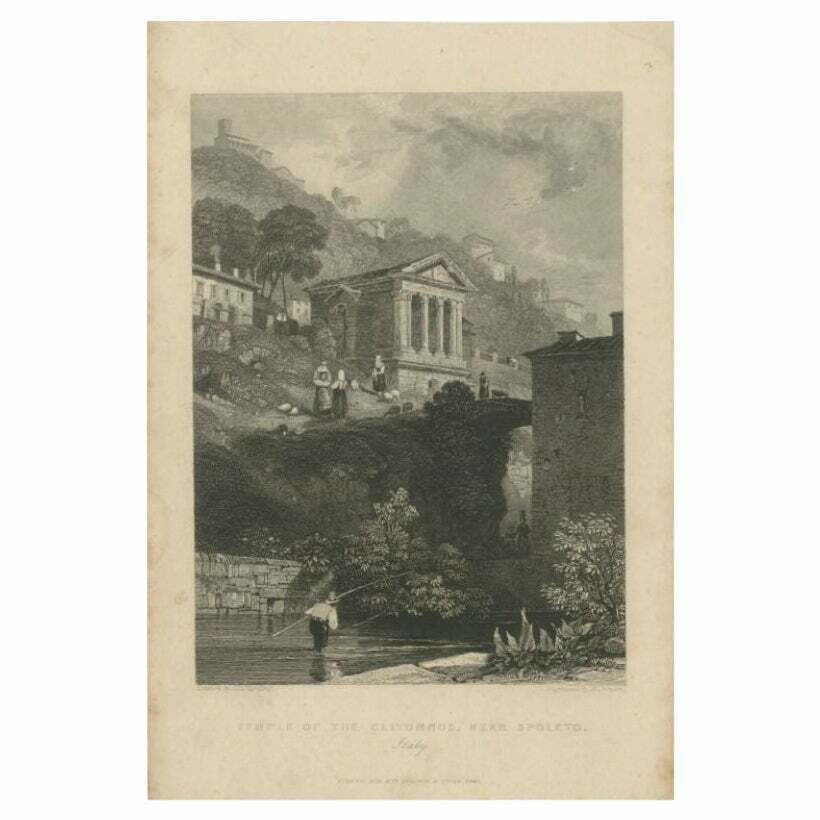 Antique Print Of The Temple Of Clitumnus By Fisher, C.1830