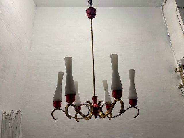 Brass Red Opaline Glass Chandelier 1950’s photo 890.0