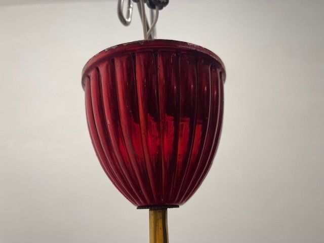 photo furniture Brass Red Opaline Glass Chandelier 1950’s