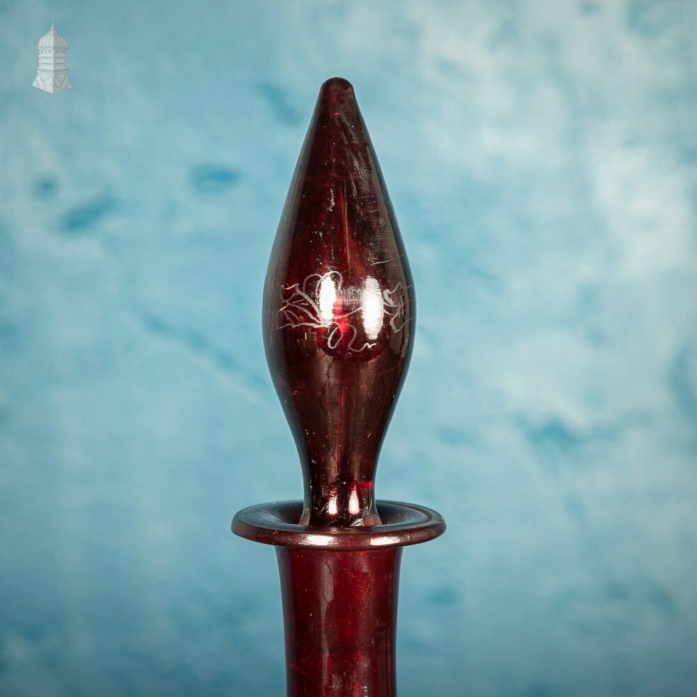 Bohemian Ruby Decanters, Etched Flashed Ruby Red Glass Decorated With Grapes And Vines, 19th C photo for sale