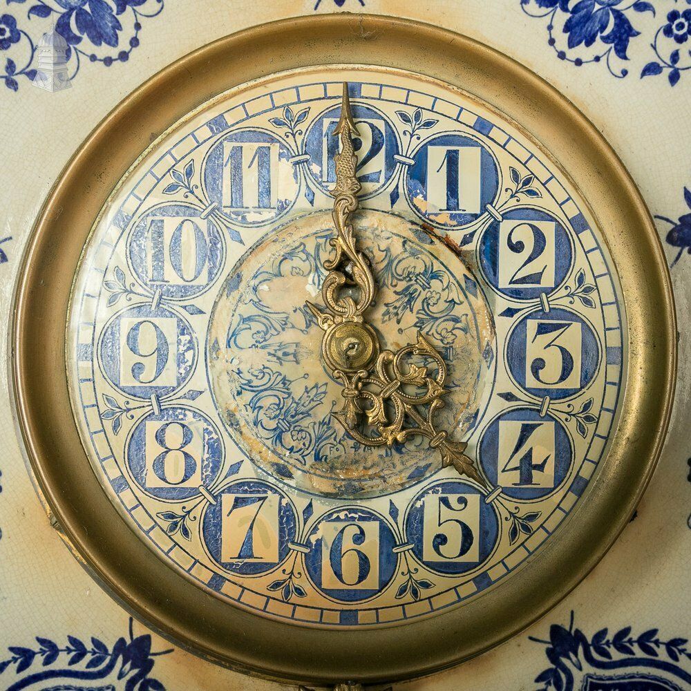 French Wall Clock, 19th C Brass And Blue And White Ceramic photo for sale