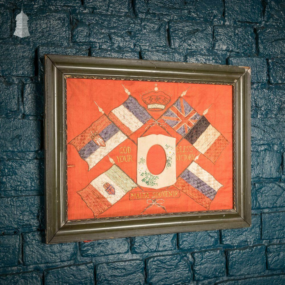 Allied Flags Embroidered Panel, ‘God Bless Your Victory Malta Souvenir’ Framed photo Art