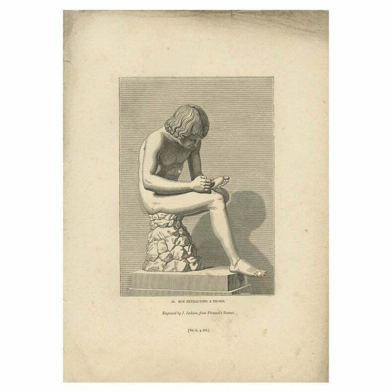 Antique Print Of A Statue Of A Boy By Knight, 1835