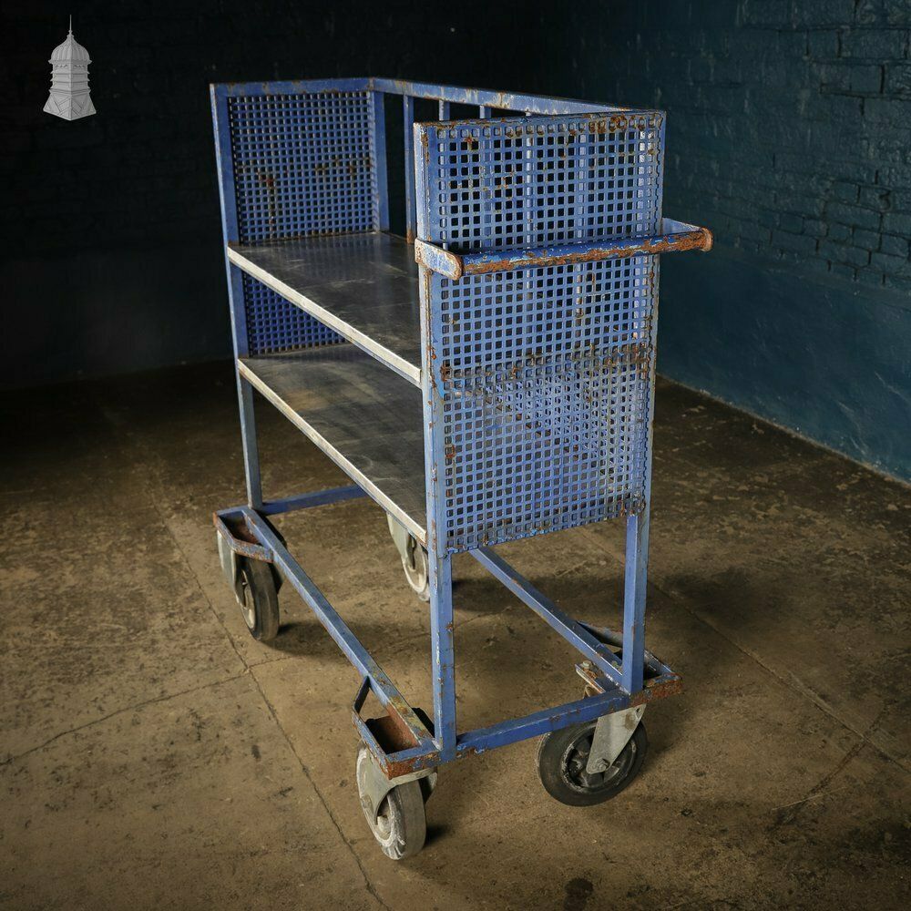 Vintage Blue Steel Wheeled Industrial Trolley Shelf Unit photo furniture
