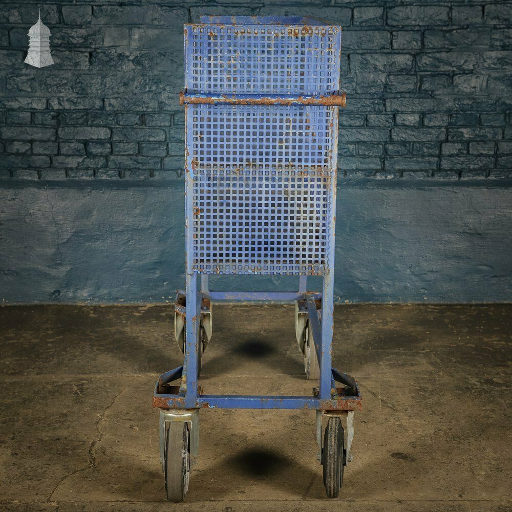photo furniture Vintage Blue Steel Wheeled Industrial Trolley Shelf Unit