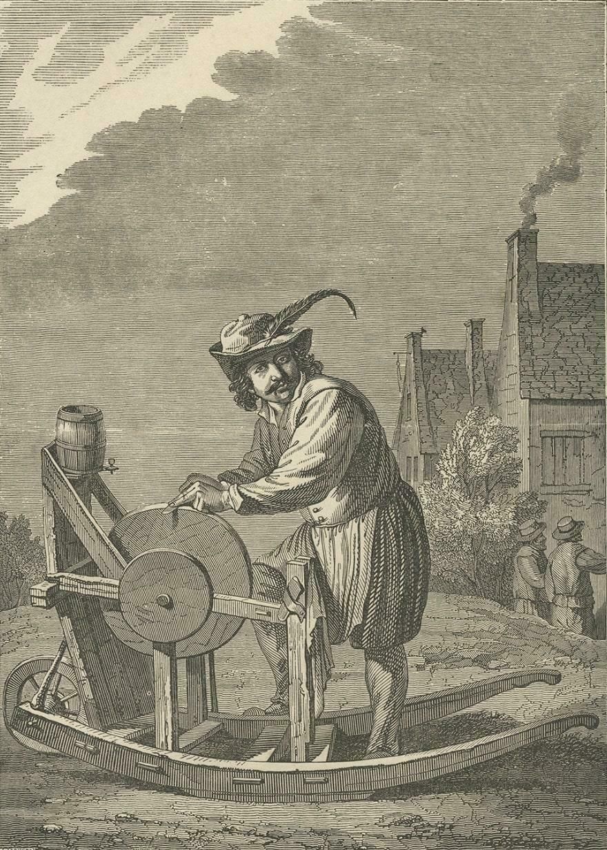 Antique Print Of Knife Sharpening, 1835 photo for sale