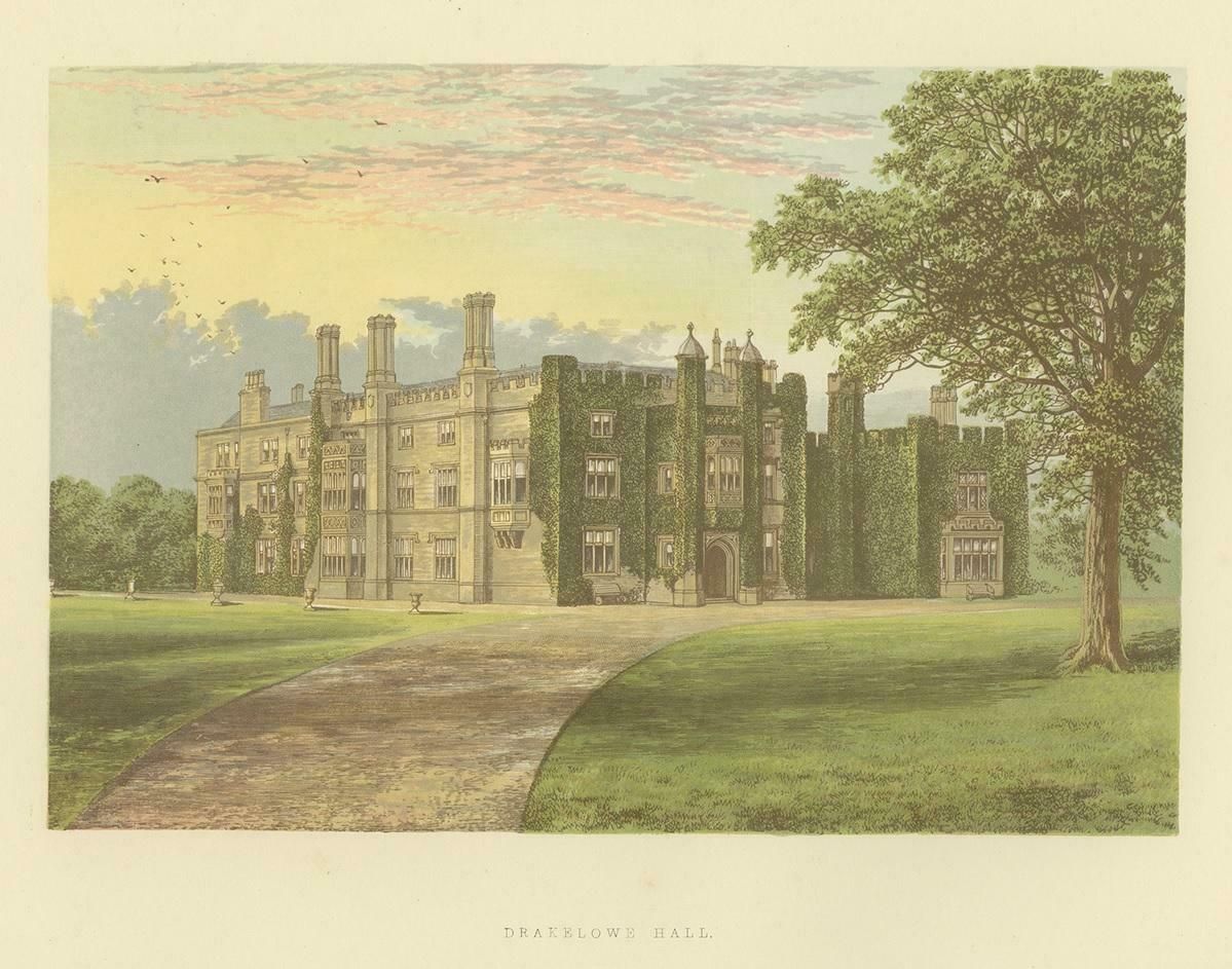 Antique Print Of Drakelowe Hall By Morris, Circa 1880 photo for sale