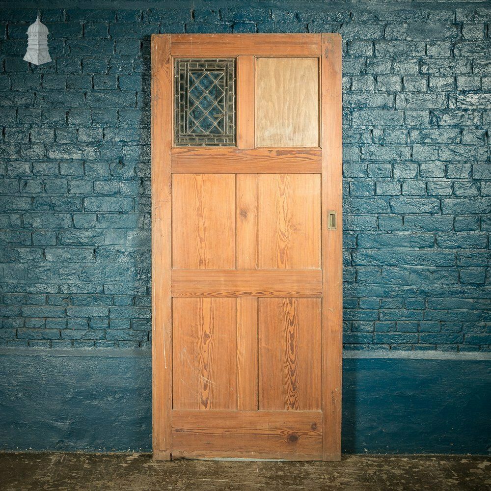 Pitch Pine Paneled Door With Leaded Glass Window, Victorian