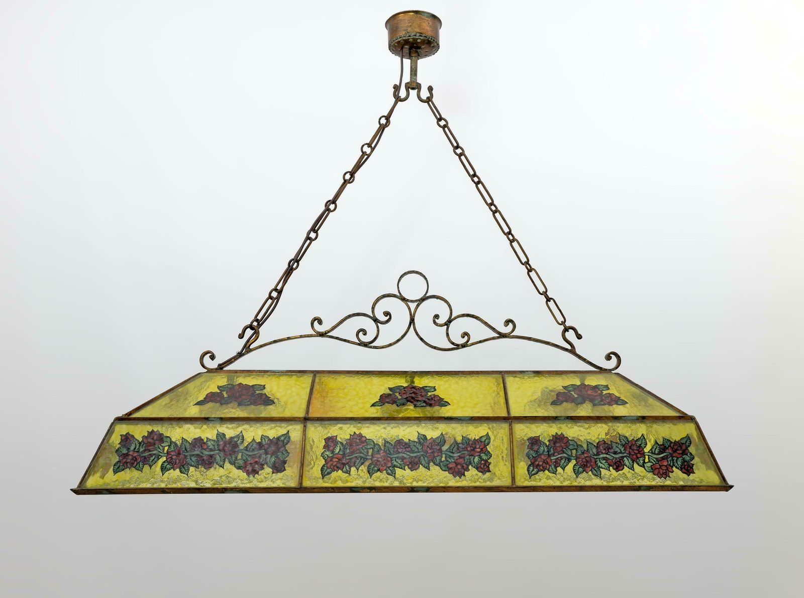 Rustic Hand Painted Wrought Iron And Glass Pendant Chandelier, 1960s photo for sale