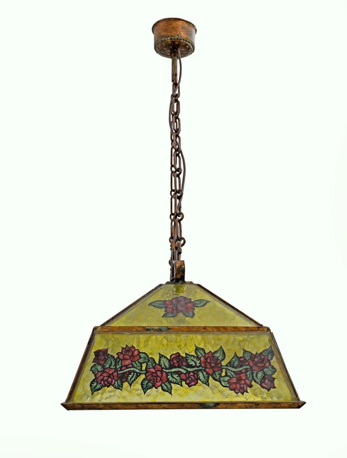 Rustic Hand Painted Wrought Iron And Glass Pendant Chandelier, 1960s photo buy