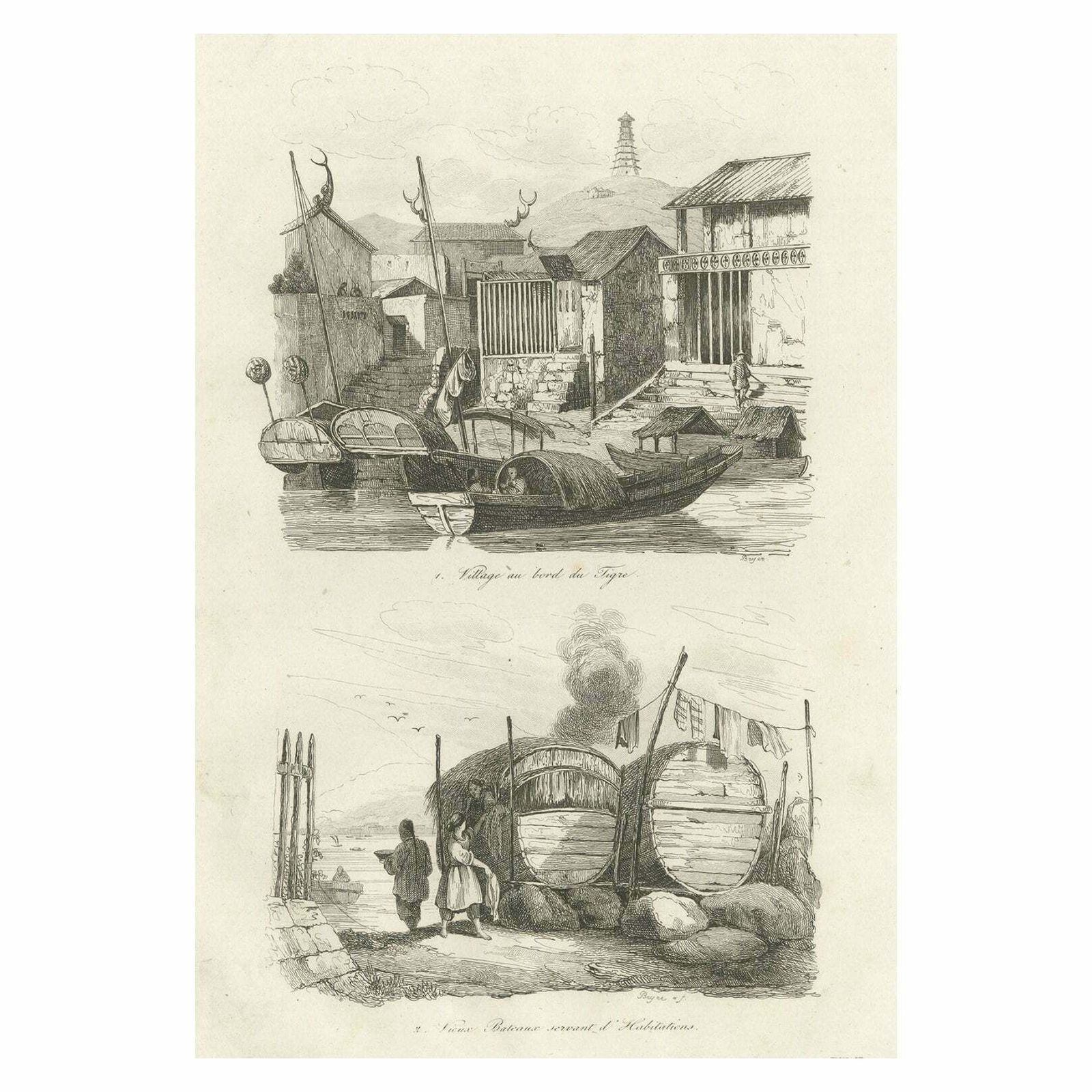Antique Print Of Chinese Boats And A Chinese Village By Dumont D'urville '1834