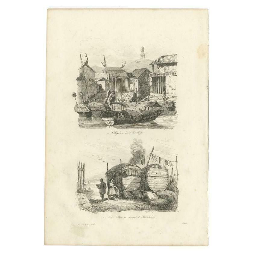 Antique Print Of Chinese Boats And A Chinese Village By Dumont D'urville '1834 photo furniture