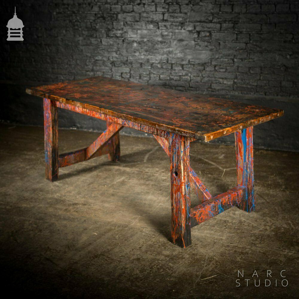 Narc Studio Pine Splay Leg Trestle Table With Abstract Painted Finish