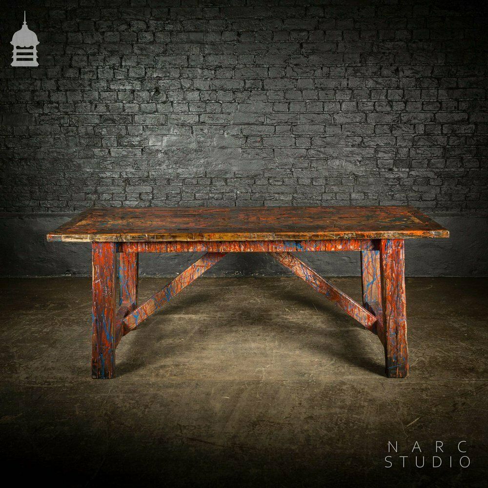 2100.0 Narc Studio Pine Splay Leg Trestle Table With Abstract Painted Finish photo