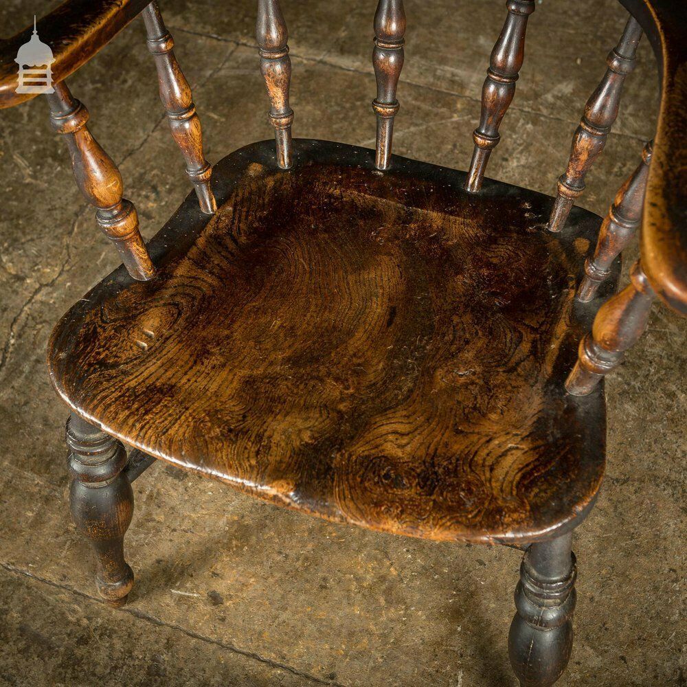 19th C Captains Bow Seat Smokers Chair With Turned Arm Supports And Double H Stretcher photo for sale