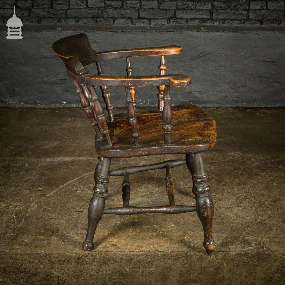 19th C Captains Bow Seat Smokers Chair With Turned Arm Supports And Double H Stretcher photo vintage