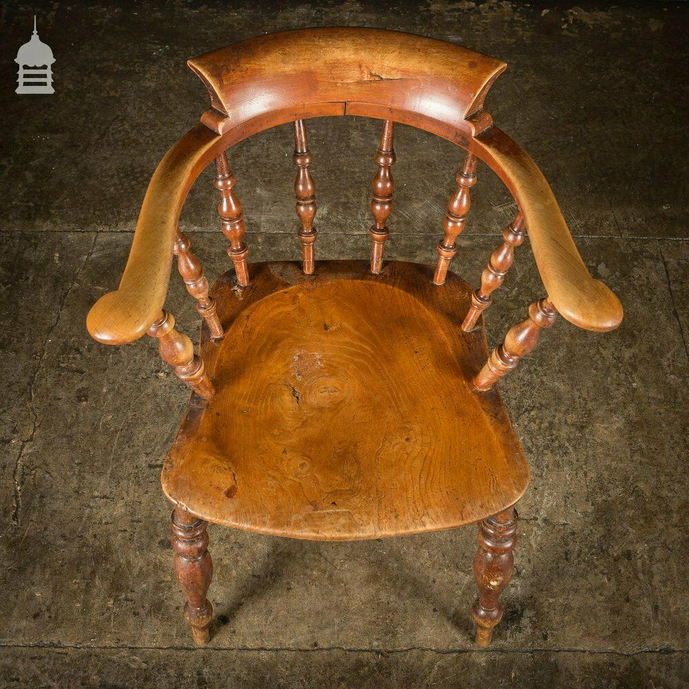19th C Elm Captains Bow Seat Smokers Chair With Turned Arm Support And Double H Stretcher photo for sale