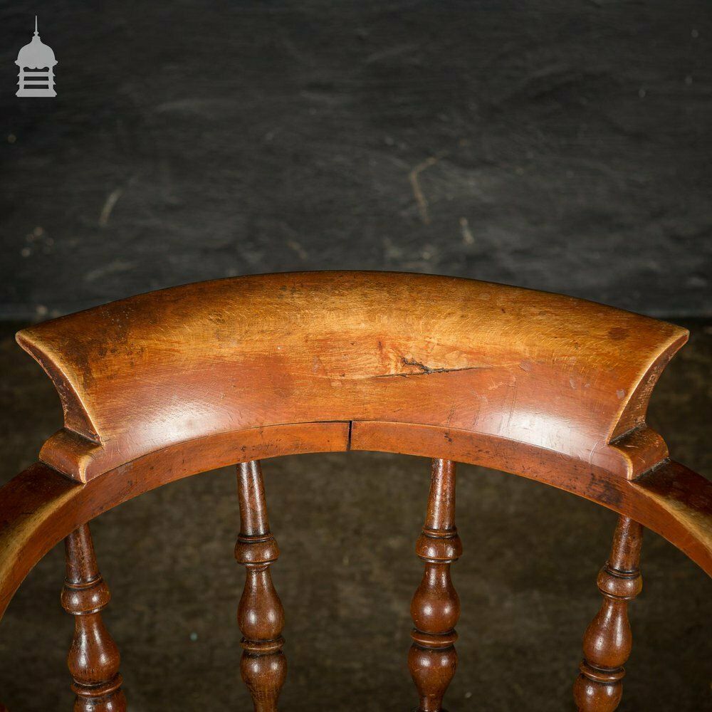 19th C Elm Captains Bow Seat Smokers Chair With Turned Arm Support And Double H Stretcher photo vinterior