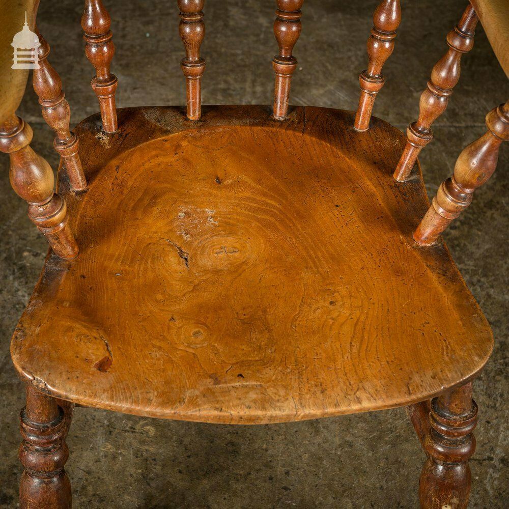 19th C Elm Captains Bow Seat Smokers Chair With Turned Arm Support And Double H Stretcher photo buy