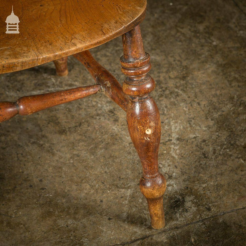 photo for sale 19th C Elm Captains Bow Seat Smokers Chair With Turned Arm Support And Double H Stretcher