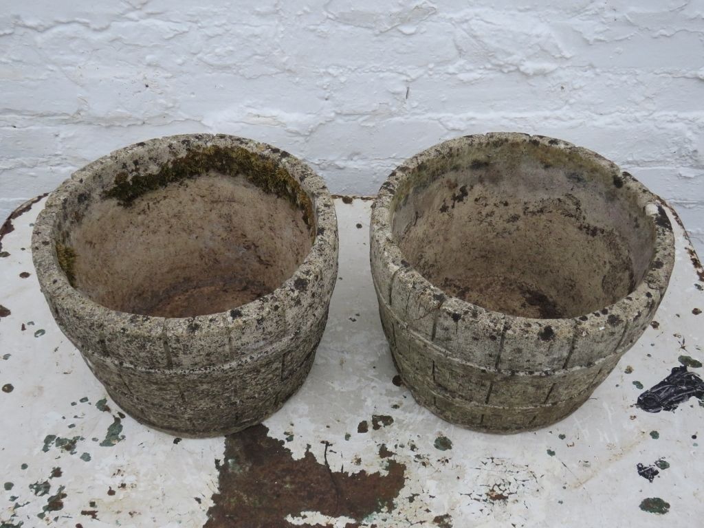 Pair Of Vintage English Weathered Stone Garden Planters photo for sale