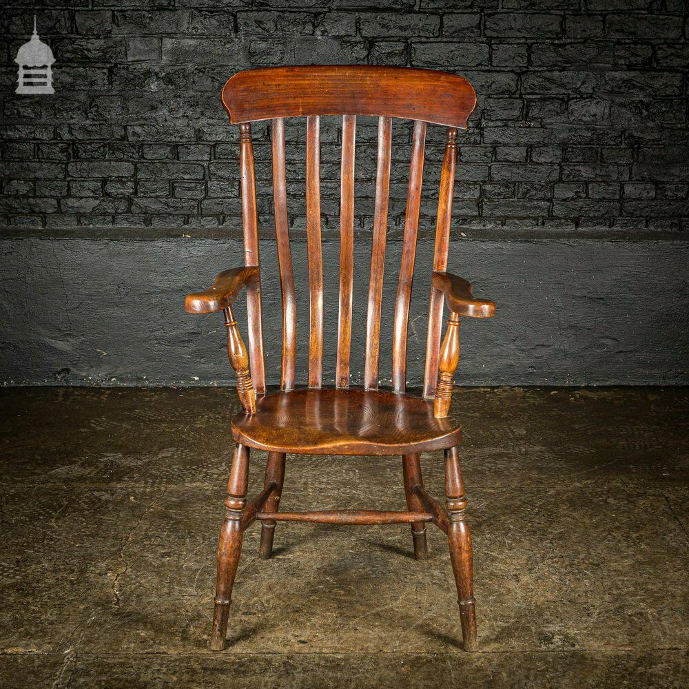 Furniture 19th C Lath Back Windsor Armchair With H Stretcher And Turned Arm Supports photo