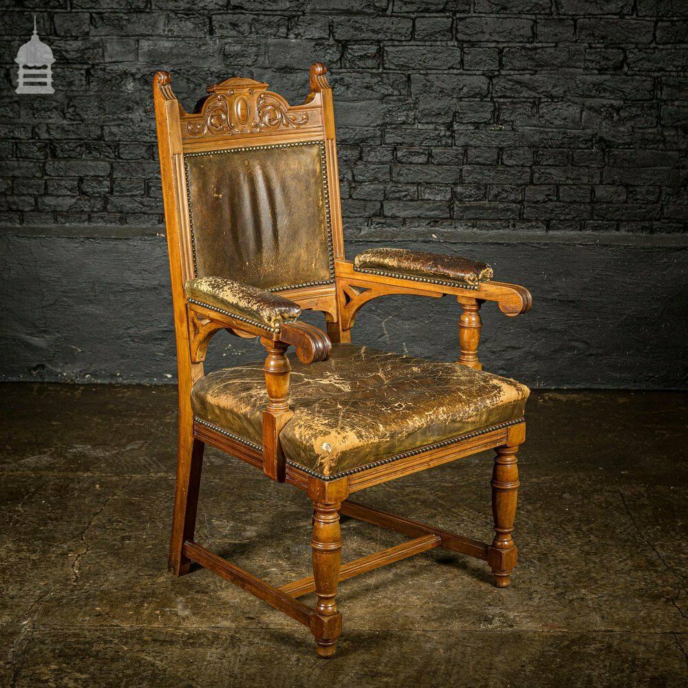 19th C Oak H Stretcher Throne Chair With Studded Worn Leather Seats, Arms And Back photo Furniture