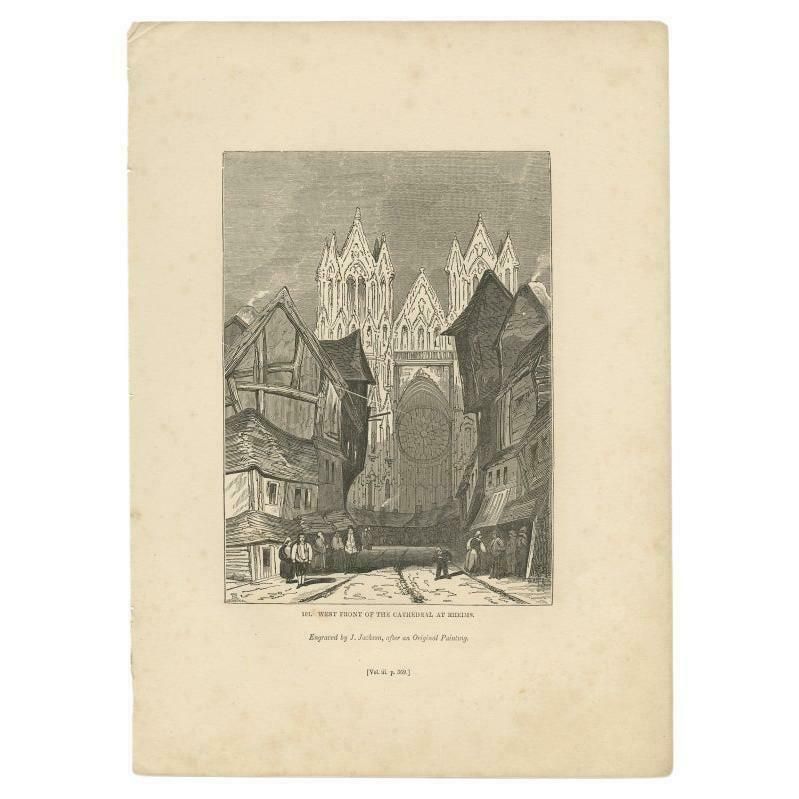 Antique Print Of Reims Cathedral By Knight, 1835