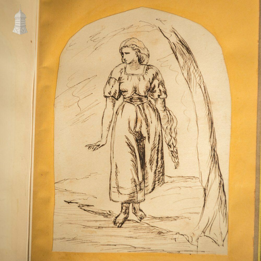 A 19th C Small Black Leather Bound Sketch Book Album Containing Various Original Drawings photo vintage